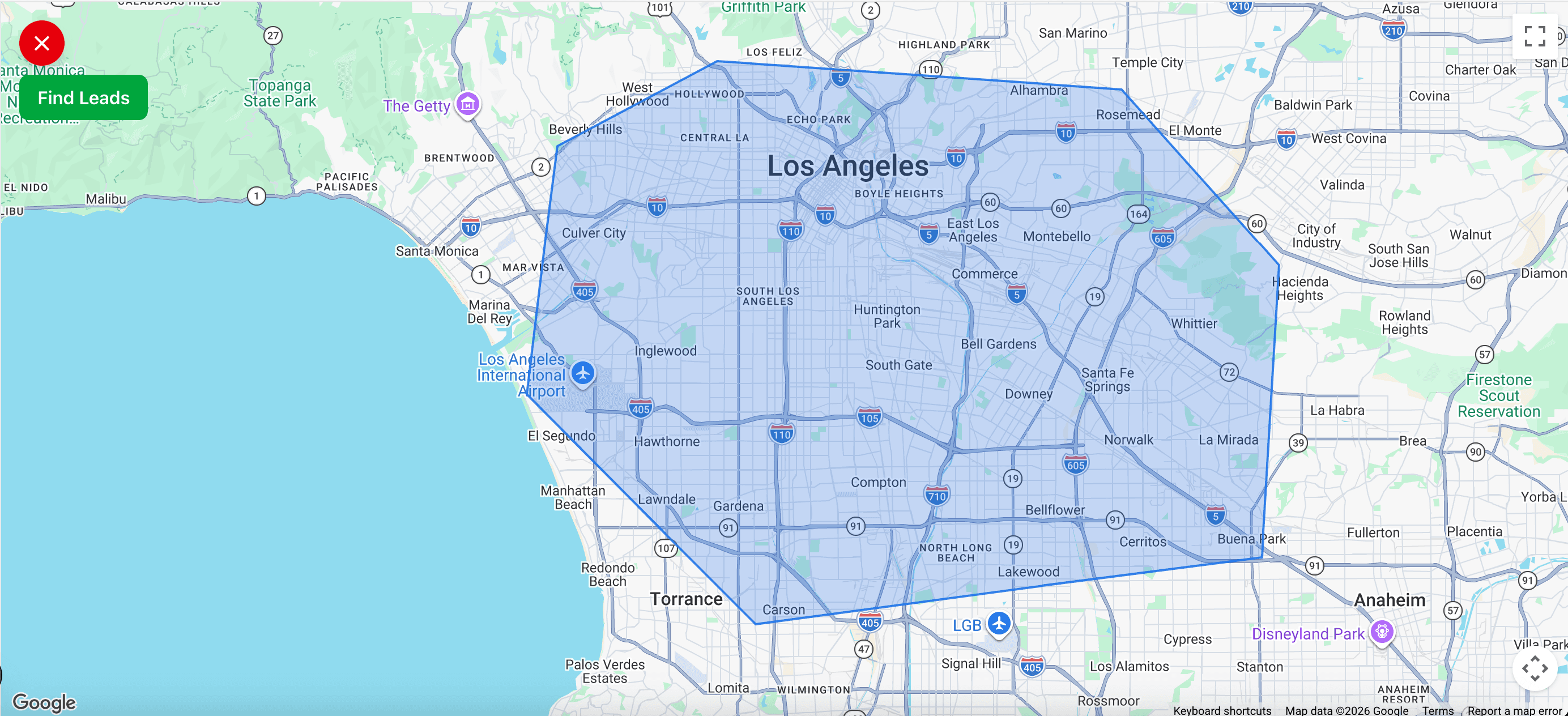 Map with a custom polygon drawn over a city and business type filters above it
